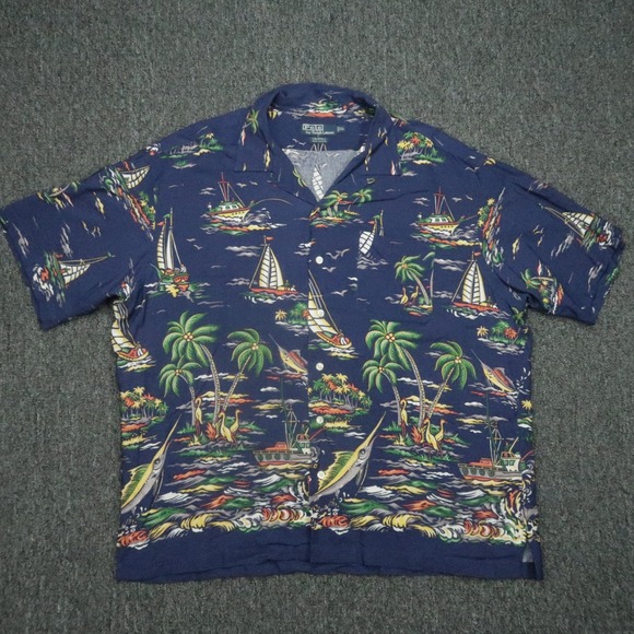 VINTAGE Polo Ralph Lauren Shirt Men‎ Extra Large Blue Caldwell Rayon Sailing XL